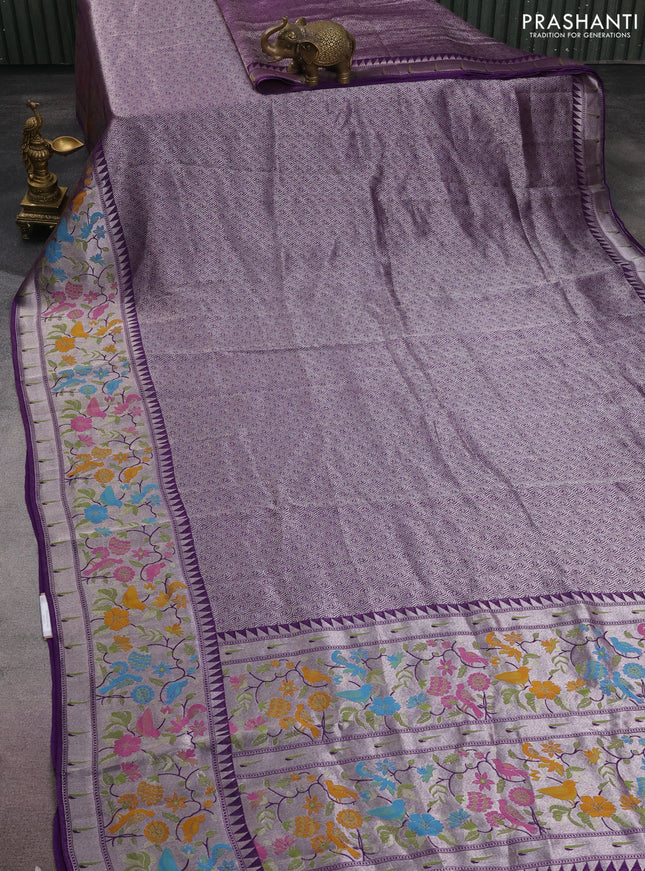 Banarasi semi raw silk saree violet with allover silver woven brocade weaves and floral design paithani border