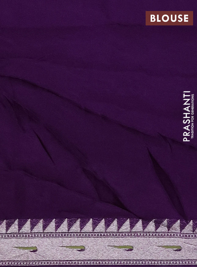 Banarasi semi raw silk saree violet with allover silver woven brocade weaves and floral design paithani border