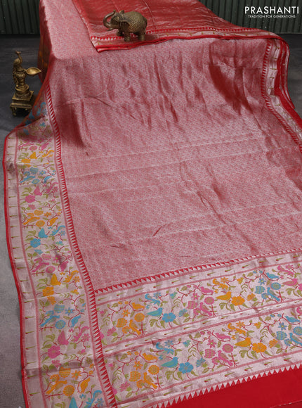 Banarasi semi raw silk saree red with allover silver woven brocade weaves and floral design paithani border