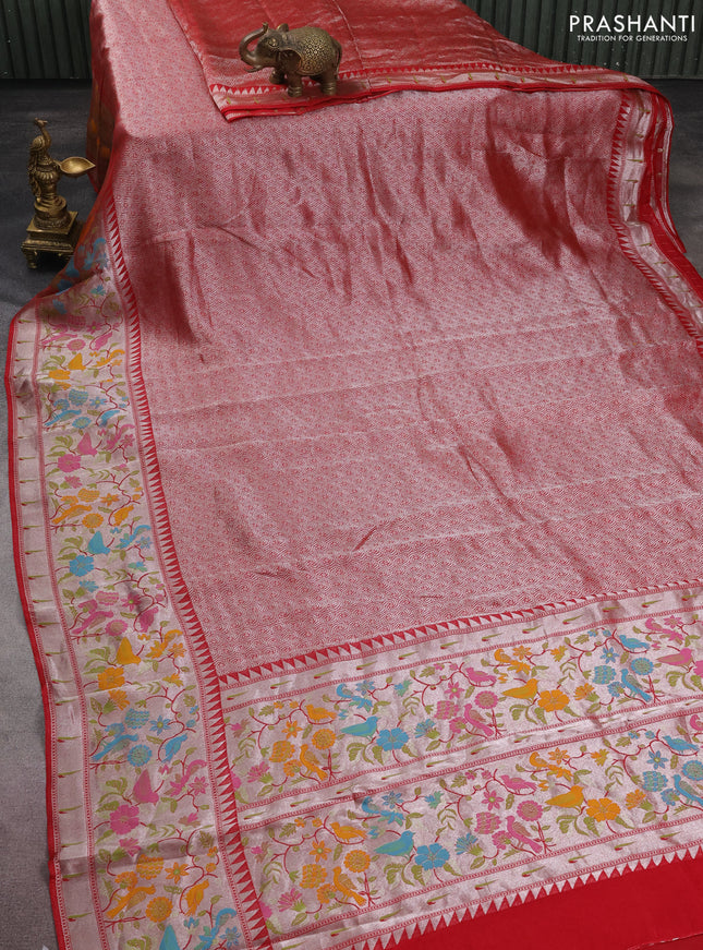 Banarasi semi raw silk saree red with allover silver woven brocade weaves and floral design paithani border