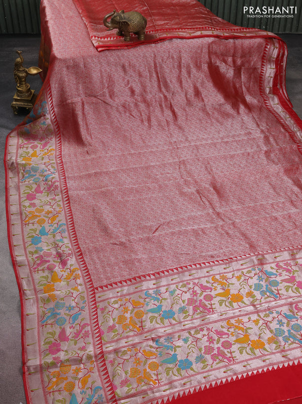 Banarasi semi raw silk saree red with allover silver woven brocade weaves and floral design paithani border