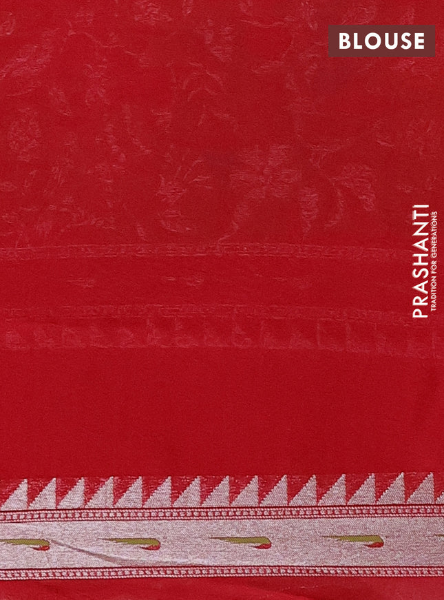 Banarasi semi raw silk saree red with allover silver woven brocade weaves and floral design paithani border