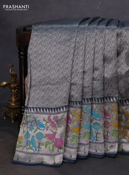 Banarasi semi raw silk saree peacock blue with allover silver woven brocade weaves and floral design paithani border