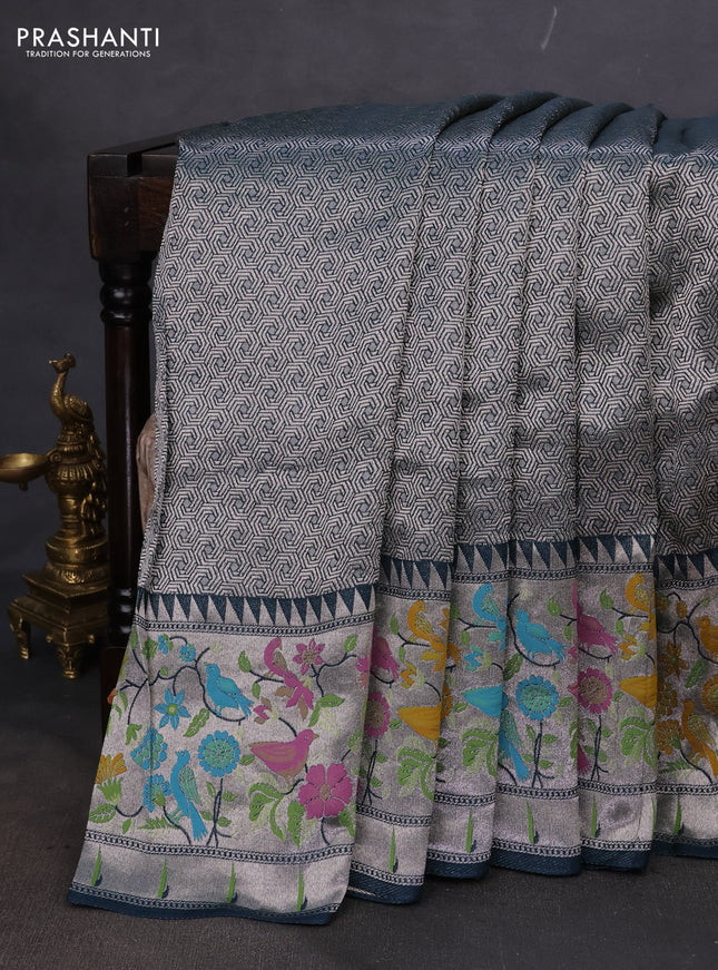 Banarasi semi raw silk saree peacock blue with allover silver woven brocade weaves and floral design paithani border