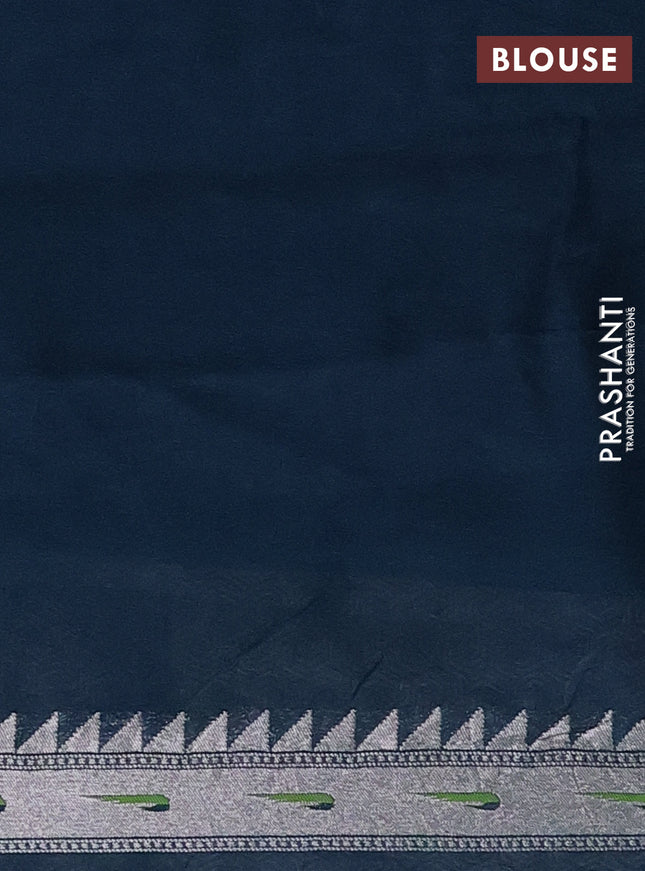 Banarasi semi raw silk saree peacock blue with allover silver woven brocade weaves and floral design paithani border