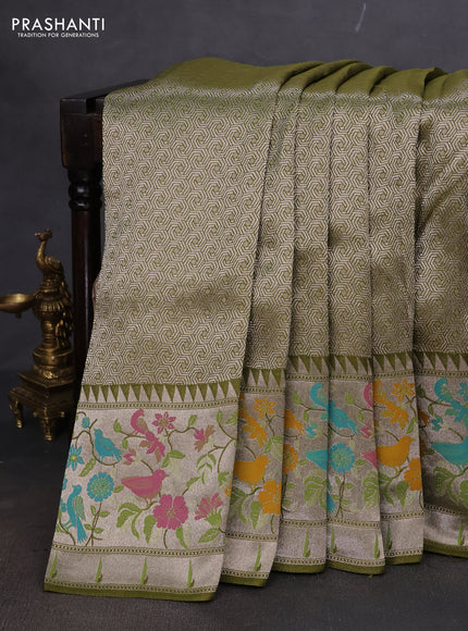 Banarasi semi raw silk saree mehendi green with allover silver woven brocade weaves and floral design paithani border