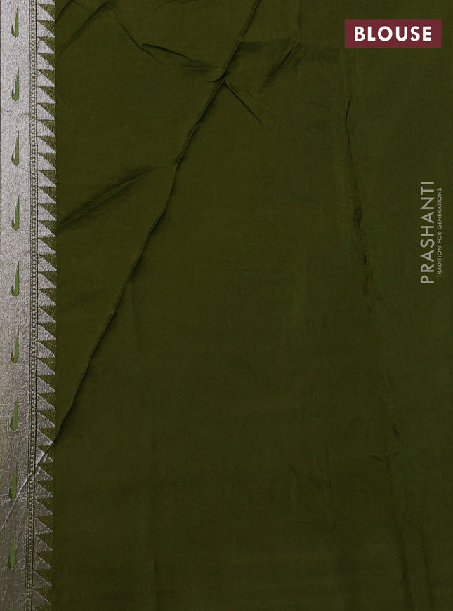 Banarasi semi raw silk saree mehendi green with allover silver woven brocade weaves and floral design paithani border