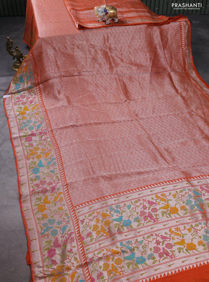 Banarasi semi raw silk saree orange with allover silver woven brocade weaves and floral design paithani border