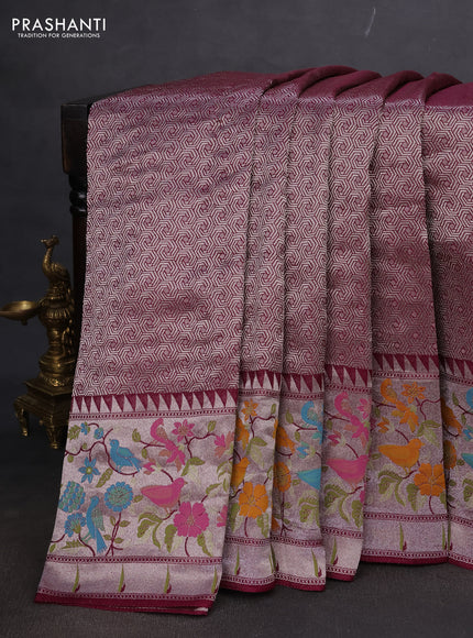 Banarasi semi raw silk saree wine shade with allover silver woven brocade weaves and floral design paithani border