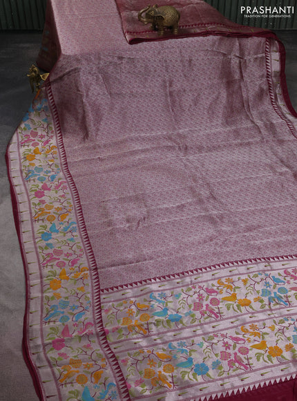 Banarasi semi raw silk saree wine shade with allover silver woven brocade weaves and floral design paithani border
