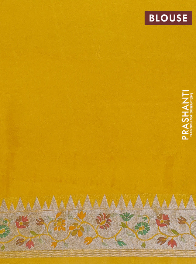 Banarasi semi raw silk saree mustard yellow with allover silver zari woven floral weaves and floral design paithani border
