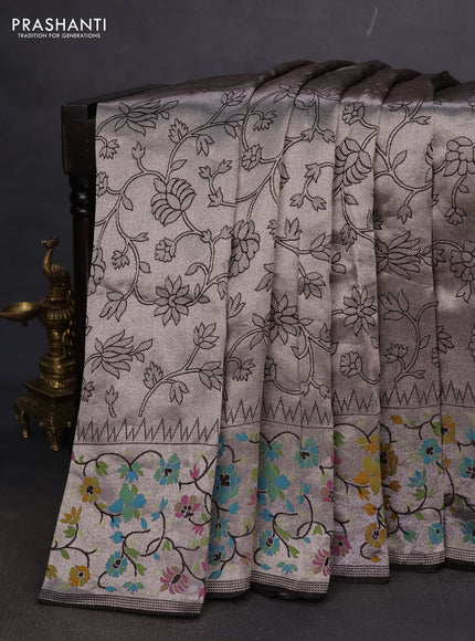 Banarasi semi raw silk saree coffee brown with allover silver zari woven floral weaves and floral design paithani border