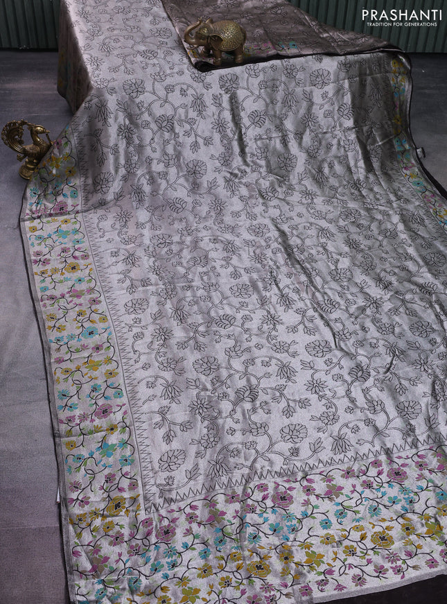 Banarasi semi raw silk saree coffee brown with allover silver zari woven floral weaves and floral design paithani border