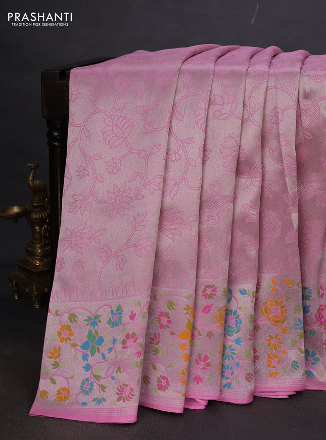 Banarasi semi raw silk saree light pink with allover silver zari woven floral weaves and floral design paithani border