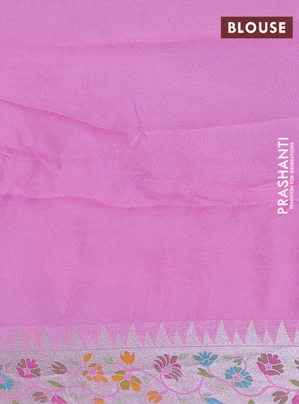 Banarasi semi raw silk saree light pink with allover silver zari woven floral weaves and floral design paithani border