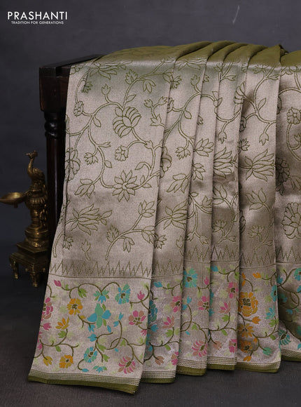 Banarasi semi raw silk saree mehendi green with allover silver zari woven floral weaves and floral design paithani border
