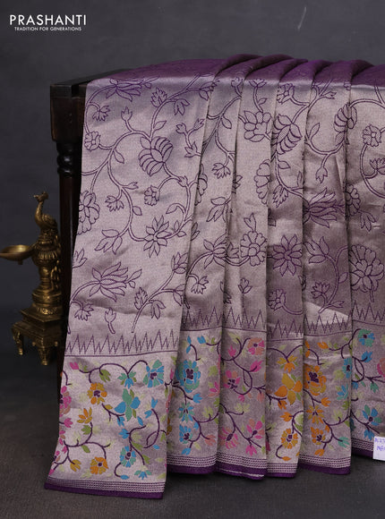 Banarasi semi raw silk saree violet with allover silver zari woven floral weaves and floral design paithani border