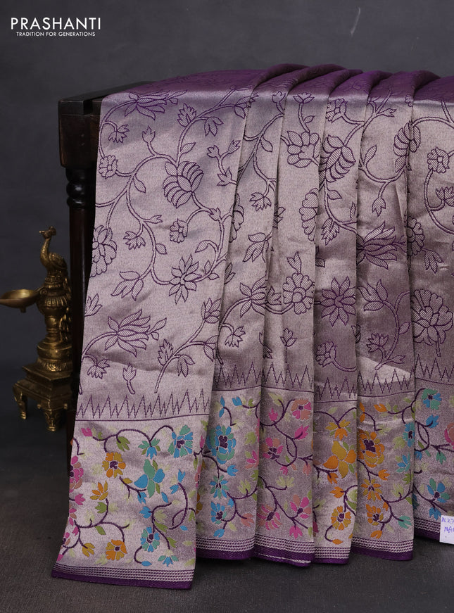 Banarasi semi raw silk saree violet with allover silver zari woven floral weaves and floral design paithani border