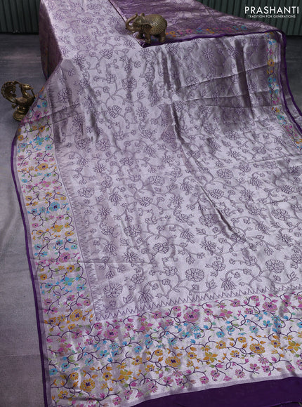 Banarasi semi raw silk saree violet with allover silver zari woven floral weaves and floral design paithani border