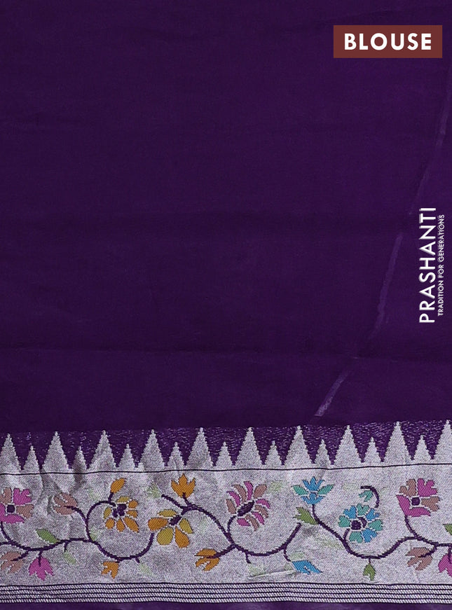 Banarasi semi raw silk saree violet with allover silver zari woven floral weaves and floral design paithani border