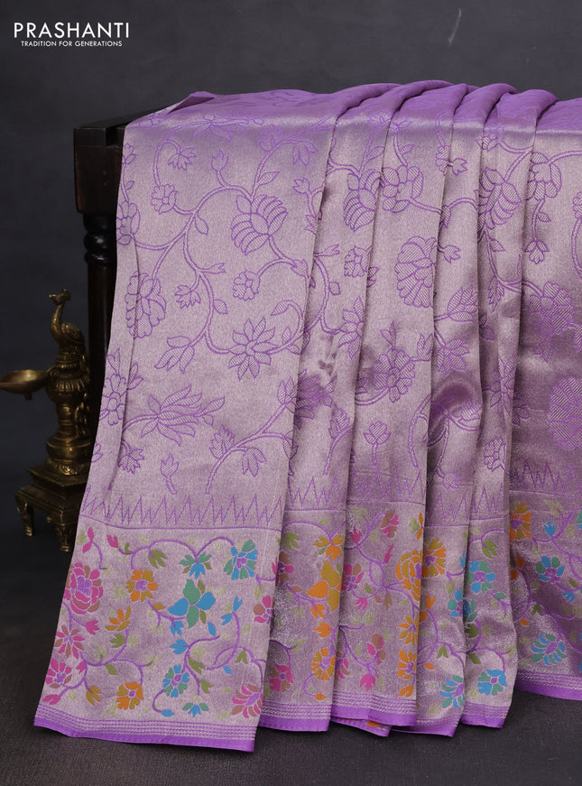 Banarasi semi raw silk saree lavender with allover silver zari woven floral weaves and floral design paithani border
