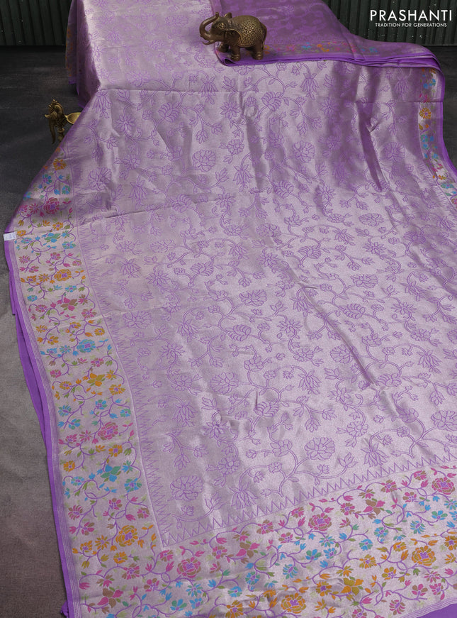 Banarasi semi raw silk saree lavender with allover silver zari woven floral weaves and floral design paithani border