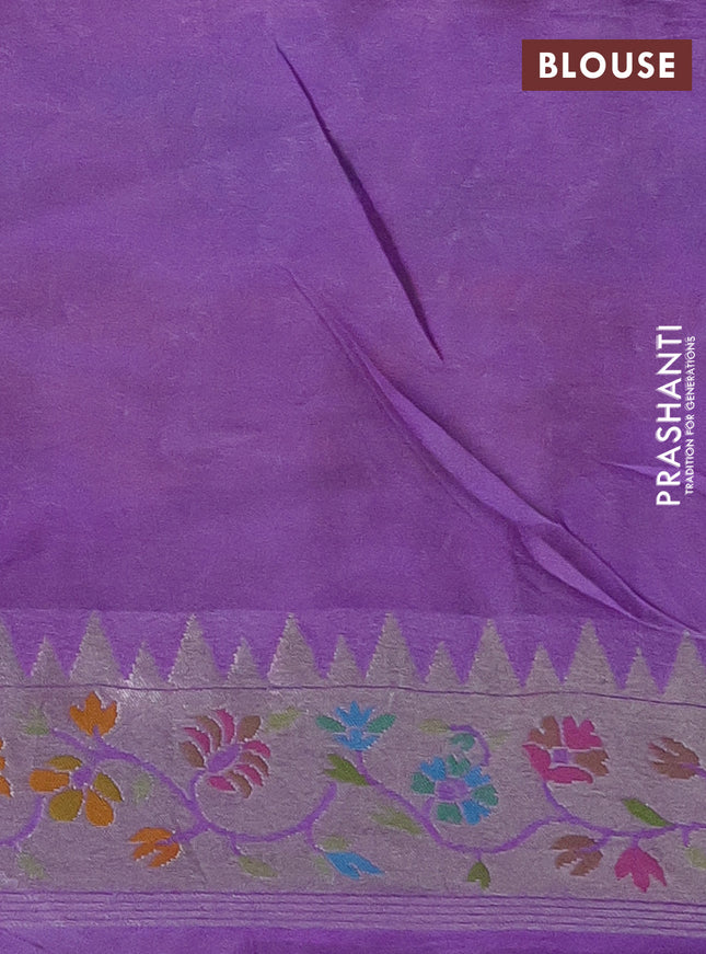 Banarasi semi raw silk saree lavender with allover silver zari woven floral weaves and floral design paithani border