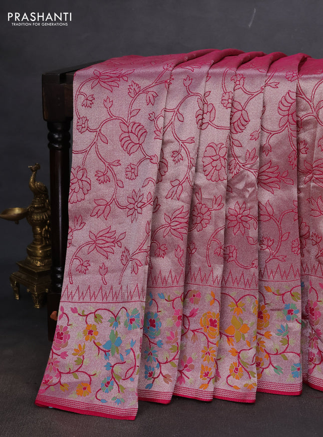 Banarasi semi raw silk saree pink with allover silver zari woven floral weaves and floral design paithani border