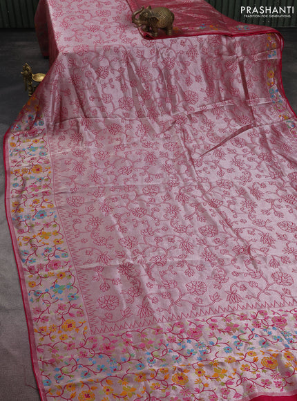 Banarasi semi raw silk saree pink with allover silver zari woven floral weaves and floral design paithani border