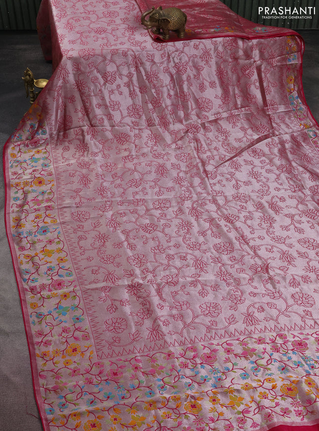 Banarasi semi raw silk saree pink with allover silver zari woven floral weaves and floral design paithani border