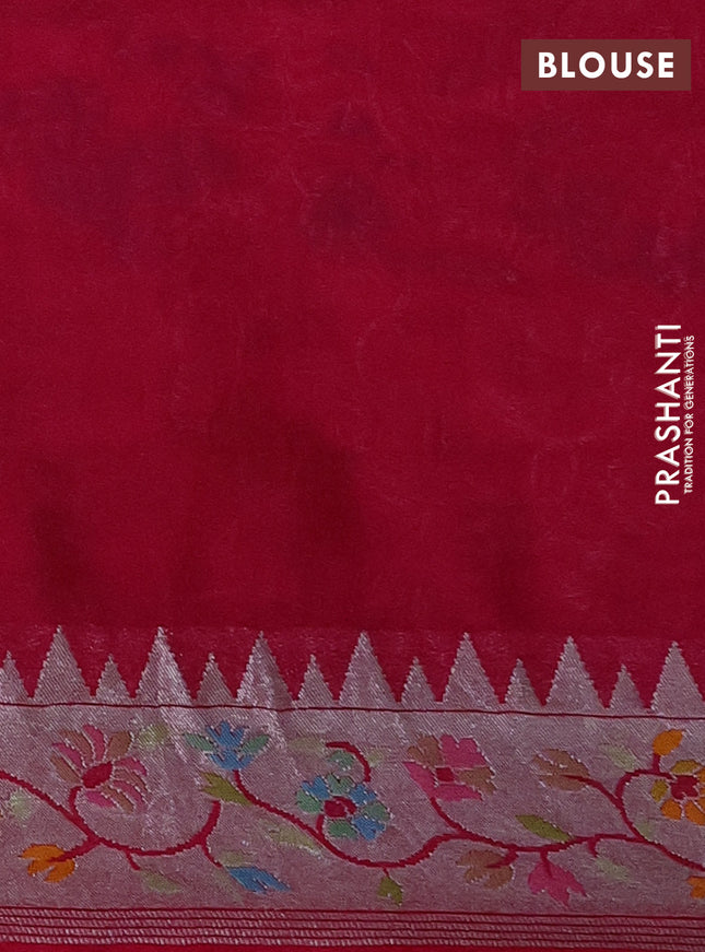 Banarasi semi raw silk saree pink with allover silver zari woven floral weaves and floral design paithani border