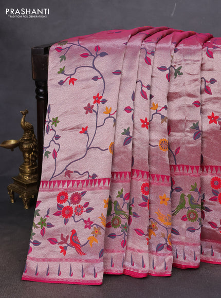 Banarasi semi raw silk saree pink with allover zari woven paithani weaves and floral design paithani border