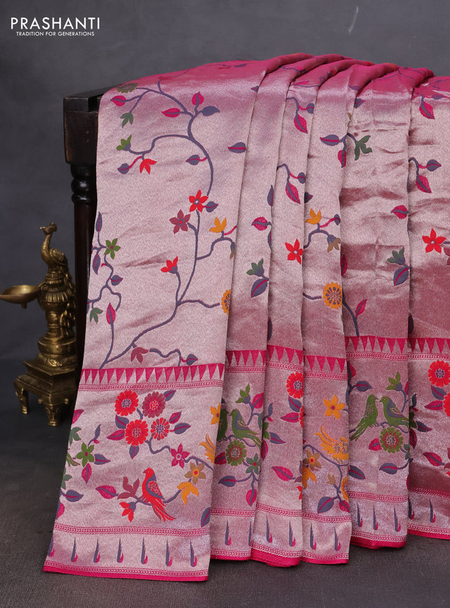 Banarasi semi raw silk saree pink with allover zari woven paithani weaves and floral design paithani border