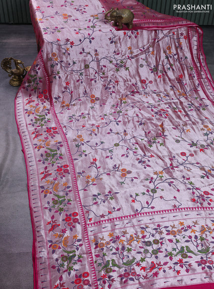 Banarasi semi raw silk saree pink with allover zari woven paithani weaves and floral design paithani border