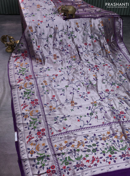 Banarasi semi raw silk saree violet with allover zari woven paithani weaves and floral design paithani border