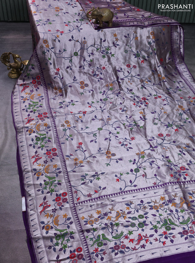 Banarasi semi raw silk saree violet with allover zari woven paithani weaves and floral design paithani border