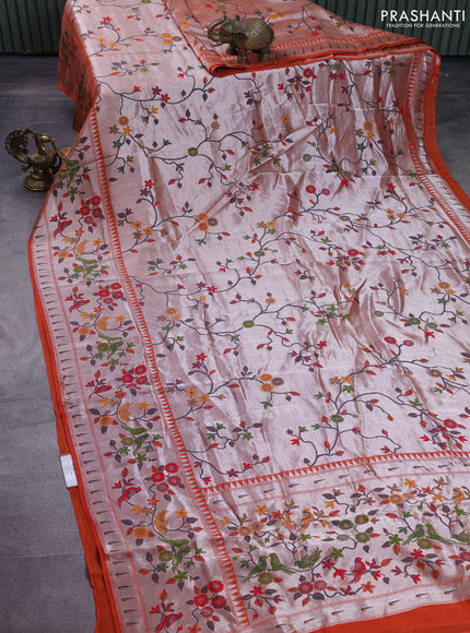 Banarasi semi raw silk saree orange with allover zari woven paithani weaves and floral design paithani border