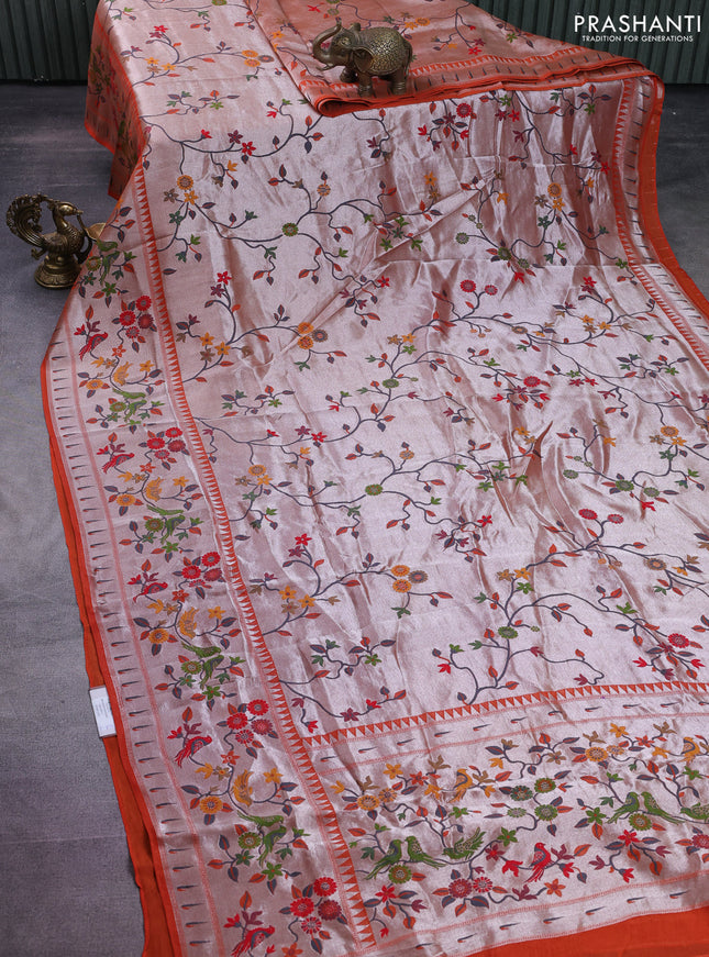 Banarasi semi raw silk saree orange with allover zari woven paithani weaves and floral design paithani border