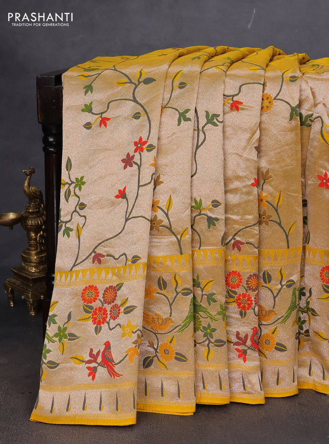 Banarasi semi raw silk saree mustard yellow with allover zari woven paithani weaves and floral design paithani border