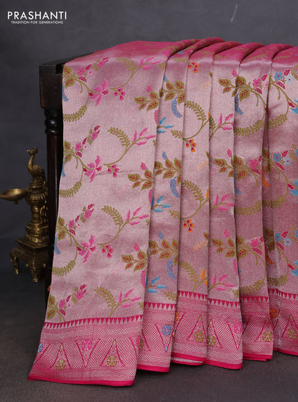 Banarasi semi raw silk saree pink with allover silver zari woven paithani weaves and silver zari woven border