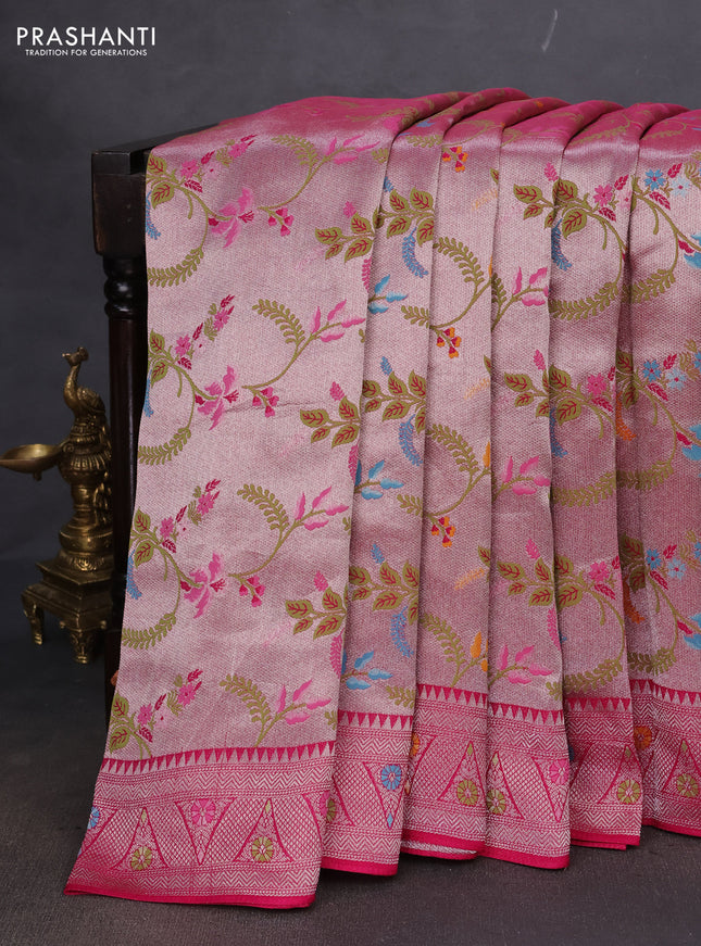 Banarasi semi raw silk saree pink with allover silver zari woven paithani weaves and silver zari woven border