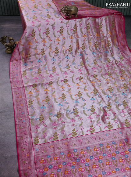 Banarasi semi raw silk saree pink with allover silver zari woven paithani weaves and silver zari woven border