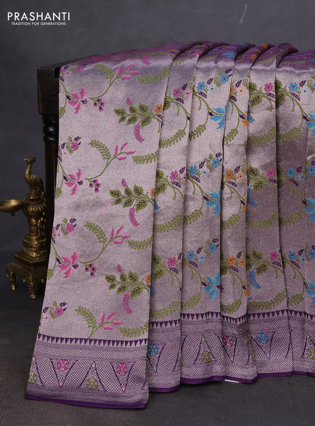 Banarasi semi raw silk saree violet with allover silver zari woven paithani weaves and silver zari woven border