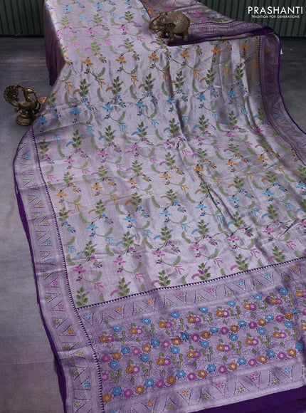 Banarasi semi raw silk saree violet with allover silver zari woven paithani weaves and silver zari woven border