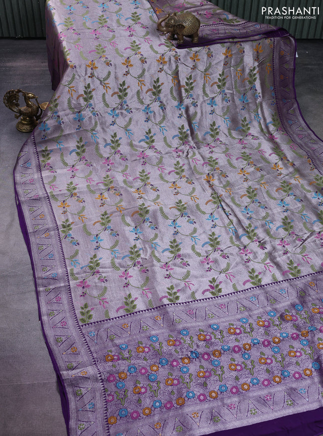 Banarasi semi raw silk saree violet with allover silver zari woven paithani weaves and silver zari woven border