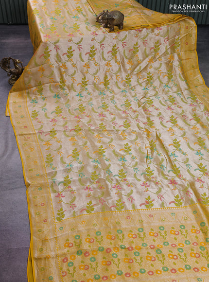 Banarasi semi raw silk saree yellow with allover silver zari woven paithani weaves and silver zari woven border