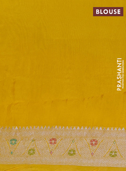 Banarasi semi raw silk saree yellow with allover silver zari woven paithani weaves and silver zari woven border
