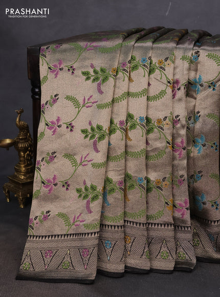 Banarasi semi raw silk saree black with allover silver zari woven paithani weaves and silver zari woven border