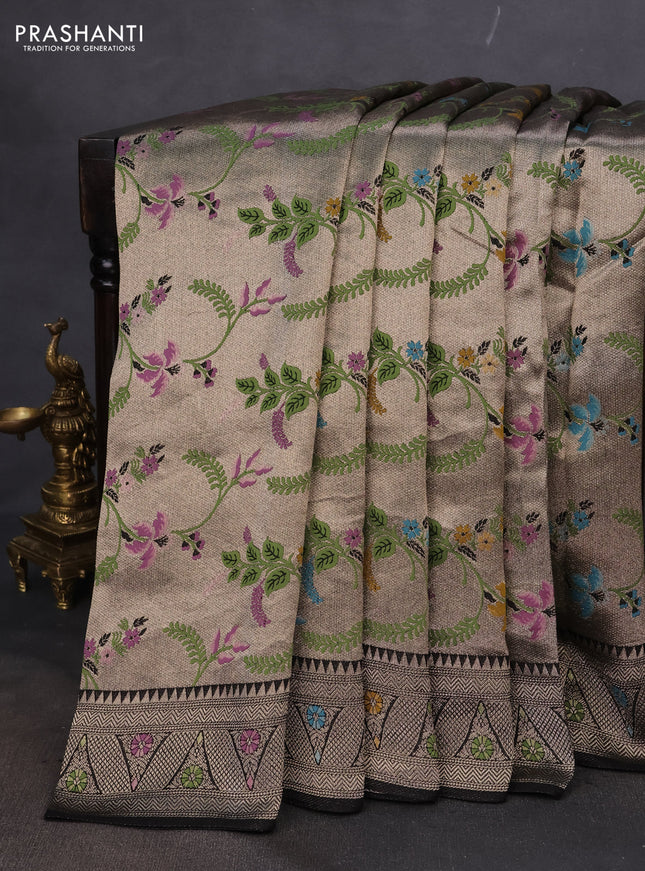 Banarasi semi raw silk saree black with allover silver zari woven paithani weaves and silver zari woven border