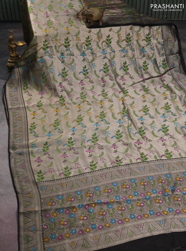 Banarasi semi raw silk saree black with allover silver zari woven paithani weaves and silver zari woven border